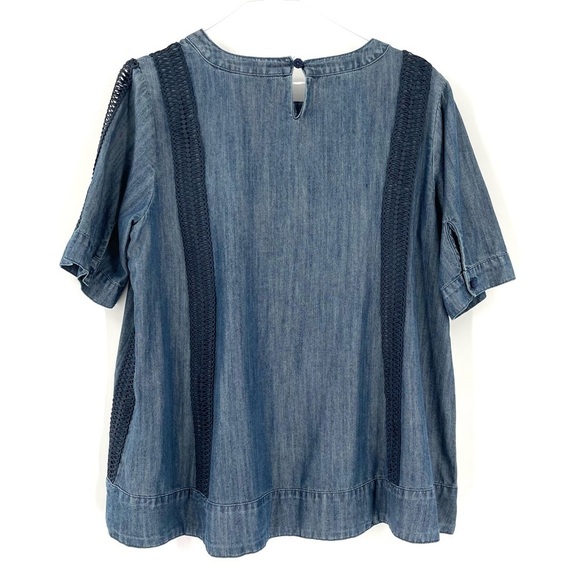 Soft Surroundings Chambray Lapiza In Blue Crochet Short Sleeve Top - Picture 5 of 8